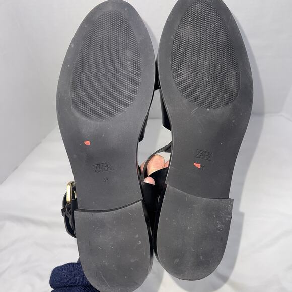 Zara Fisherman Sandals Size 39 (8) Black Gladiator Leather Caged Toe Flat Casual - Picture 8 of 10